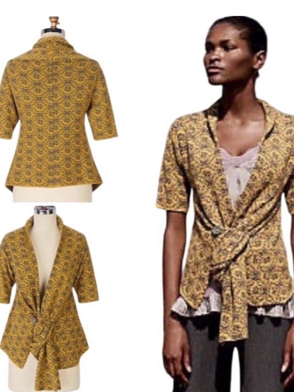 Anthropologie Moth Women's 100% Wool Jacquard Scarf Tied Cardigan Sweater L